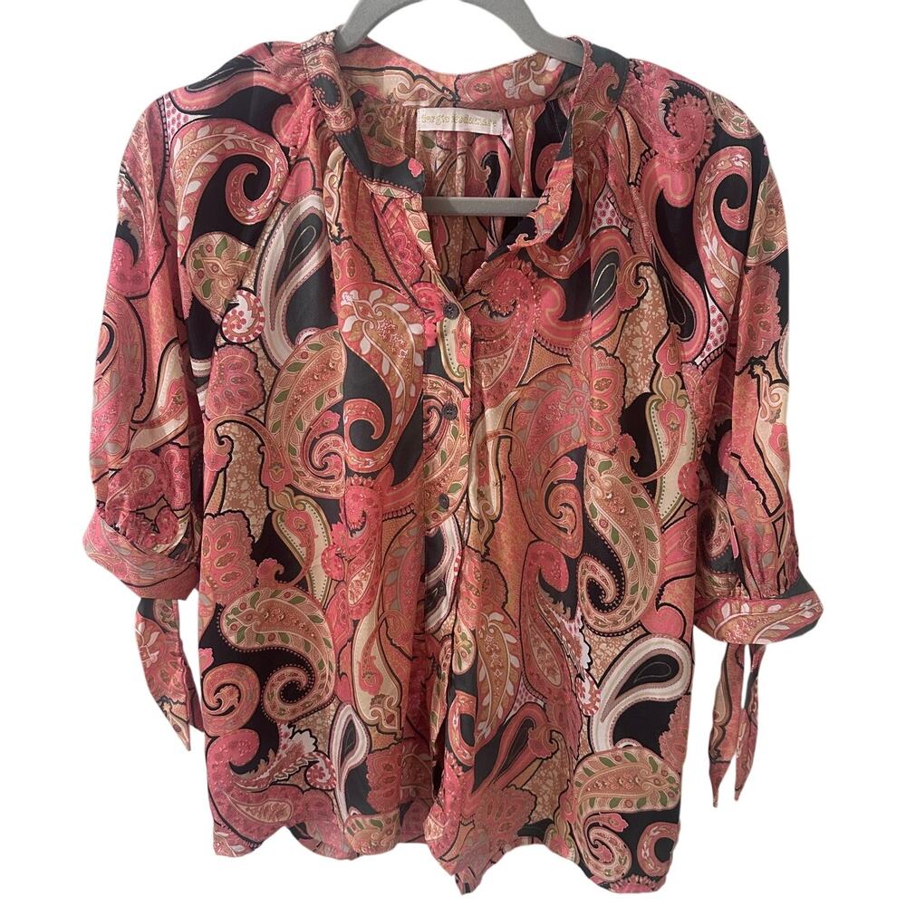 Sergio Modamare Silk Paisley Button Up Top Etno Chic Bohemian, size XL